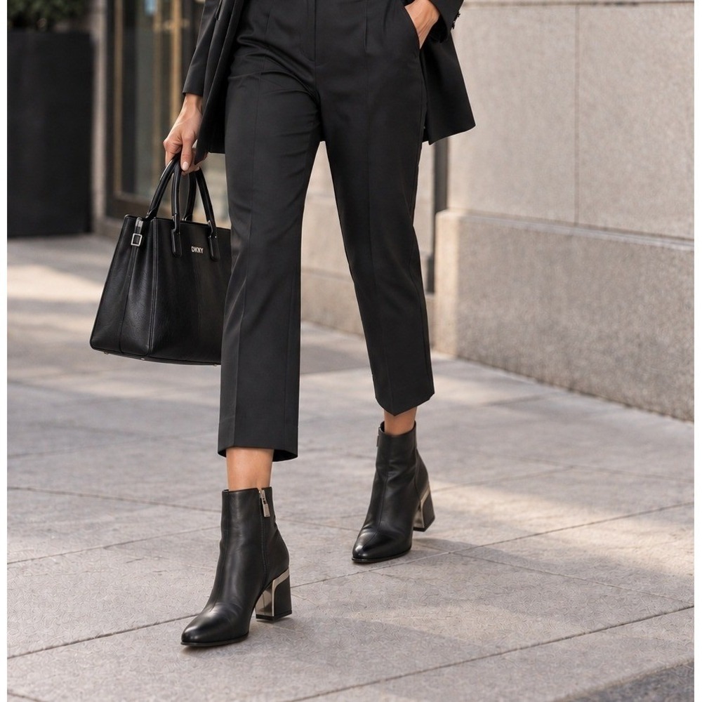 DKNY Crosbi Black Leather Almond Toe Silver Chrome Detail Ankle Boots
